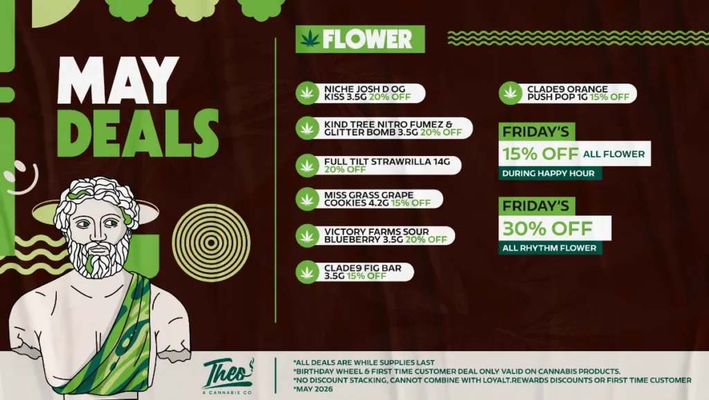 Theo Cannabis May flower deals Franklin Park NJ with discounts on premium cannabis flower and Friday flower promotions