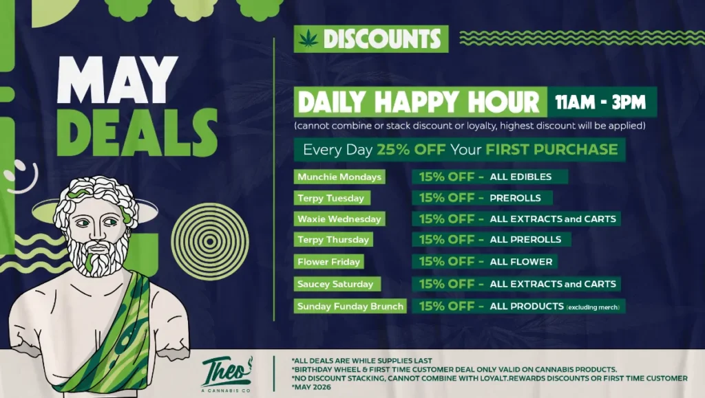 Theo Cannabis daily happy hour deals Franklin Park NJ with 25 percent off first purchase and weekly cannabis discount schedule
