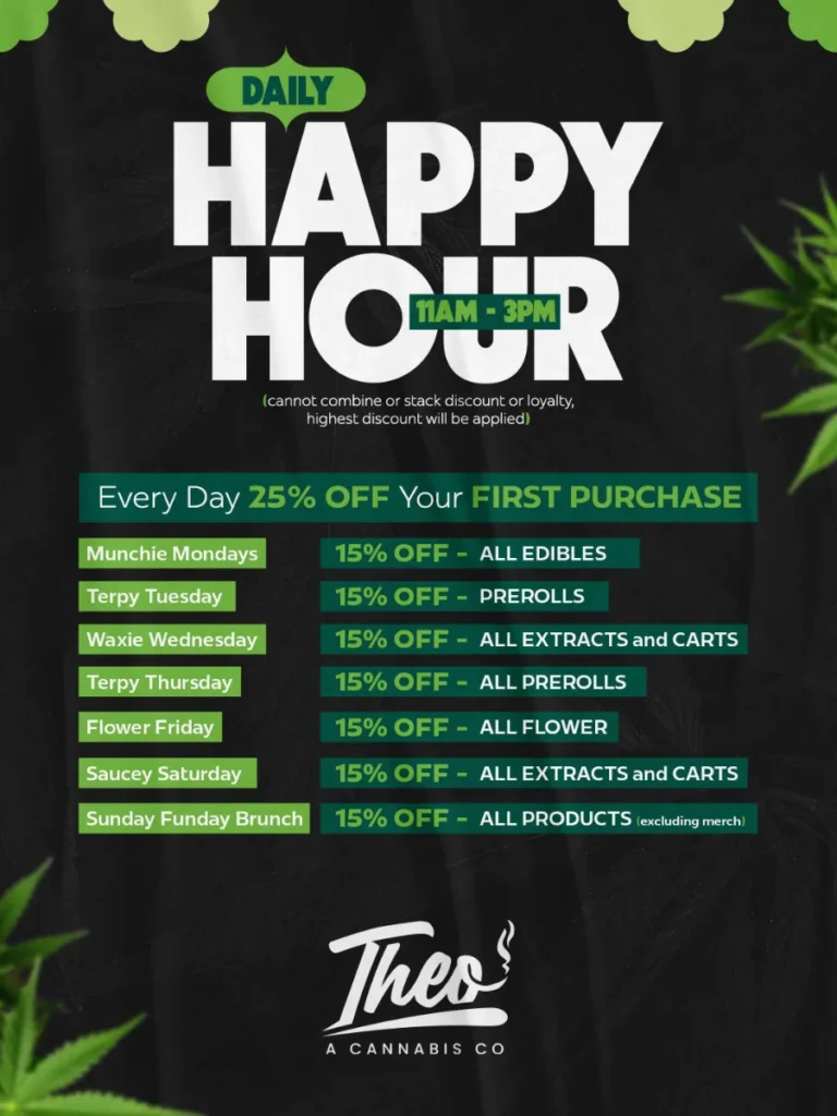 Theo Cannabis daily happy hour deals Franklin Park NJ with 25 percent off first purchase and weekly cannabis discount schedule