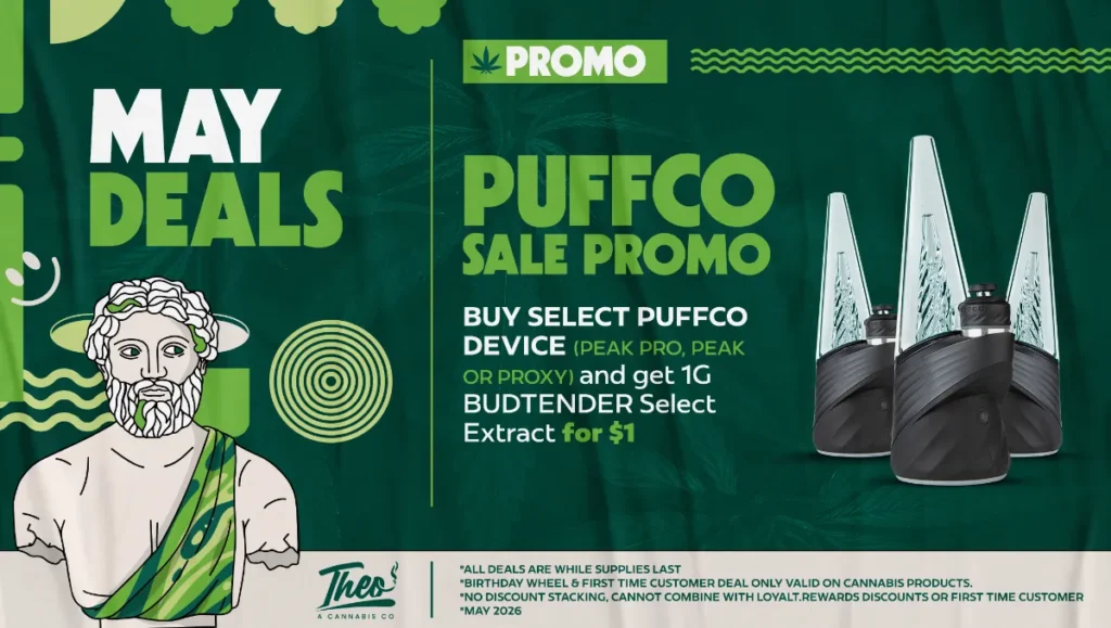 Theo Cannabis Puffco sale promo May Franklin Park NJ featuring Peak Pro and Proxy devices with extract deal bundle offer