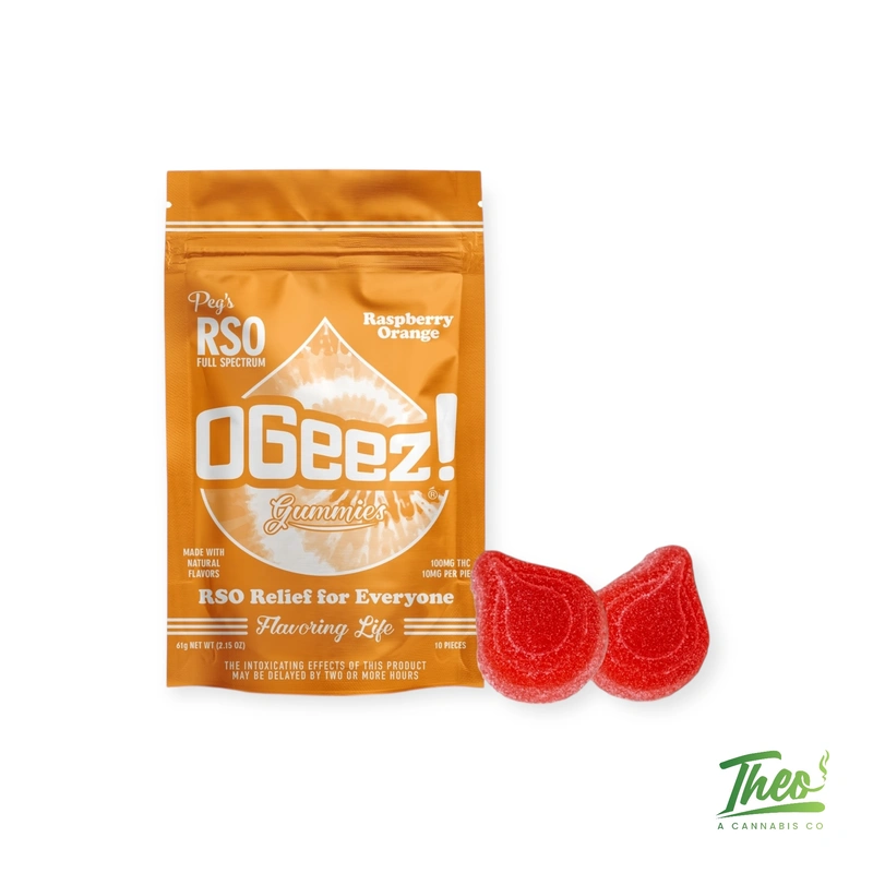 OGeez Peg’s Raspberry Orange RSO full-spectrum cannabis gummies packaging with raspberry orange flavored THC edibles by Theo Cannabis Co.