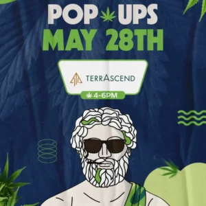 Pop-up event graphic for Theo Cannabis Dispensary featuring TerrAscend on May 28th, 4 to 6PM, with bold green and navy design, cannabis leaf accents and Theo's illustrated Greek philosopher mascot wearing sunglasses.