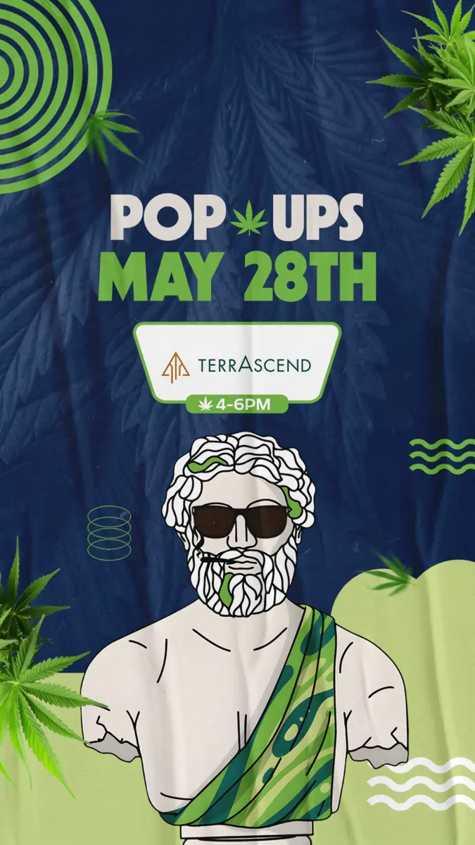 Pop-up event graphic for Theo Cannabis Dispensary featuring TerrAscend on May 28th, 4 to 6PM, with bold green and navy design, cannabis leaf accents and Theo's illustrated Greek philosopher mascot wearing sunglasses.