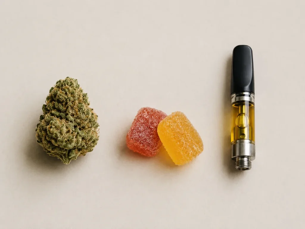 Cannabis flower, gummies, and vape cartridge — product options for a first-time dispensary visit in NJ