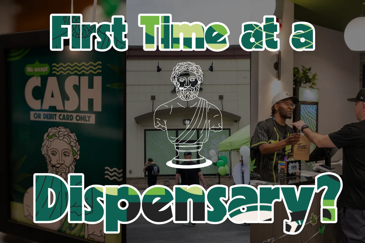 First-time dispensary visit in Franklin Park, NJ — Theo shop exterior, budtender, and in-store signage