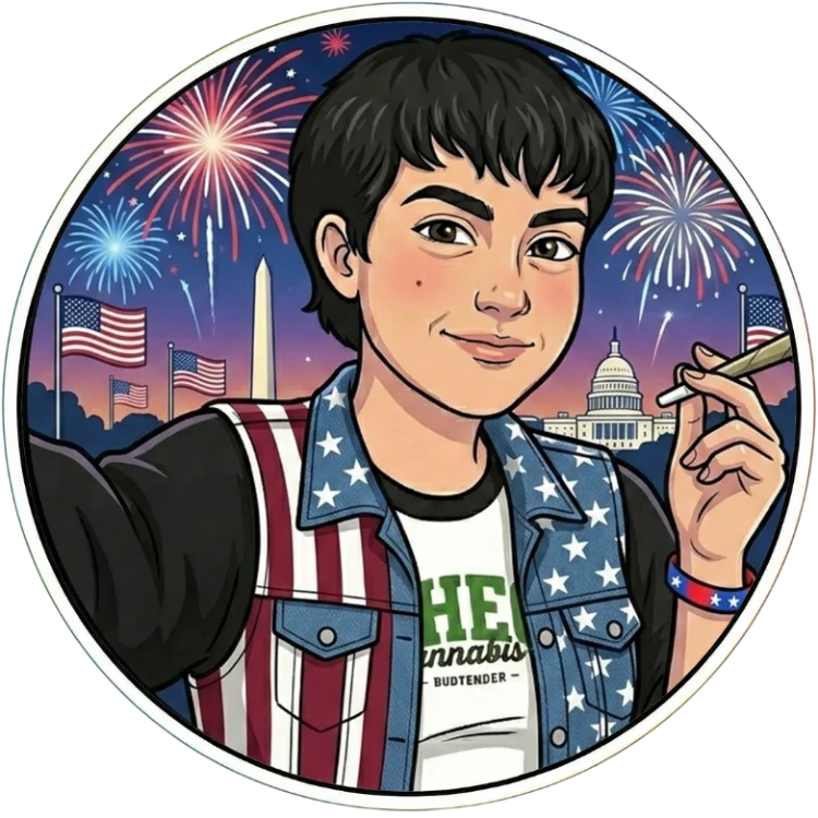 Illustrated portrait of Bethina, Theo A Cannabis Co. budtender, in patriotic July 4th outfit with Washington D.C. fireworks
