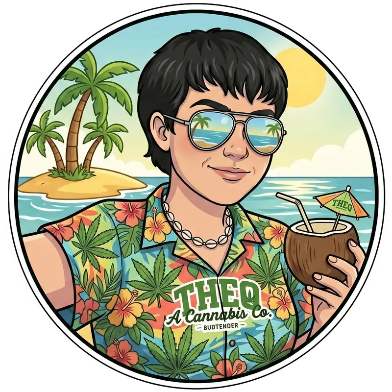 Theo Cannabis budtender Bethina illustrated sticker with tropical beach coconut drink theme