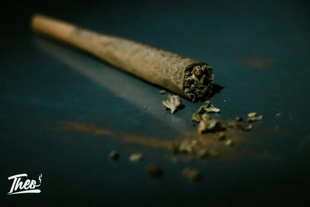 Cannabis pre-roll joint on dark surface, regular pre-roll at Theo dispensary Franklin Park NJ as part of the infused pre-roll vs regular pre-roll blog