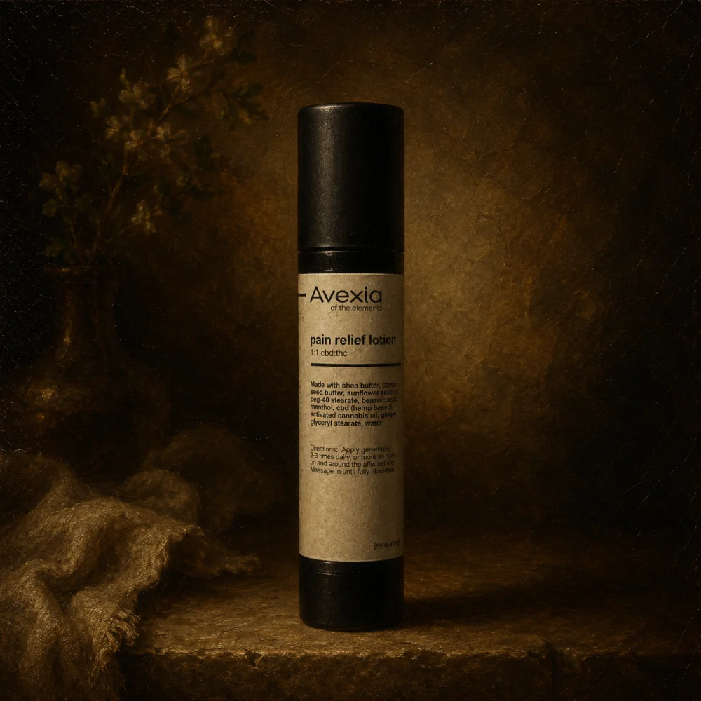 Avexia 1:1 CBD THC pain relief lotion — cannabis topical available at Theo dispensary in Franklin Park NJ