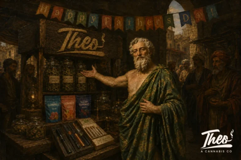 Father's Day Cannabis Gift Guide in NJ — Theophrastus presenting the Theo cannabis market stall with flower jars, gummies, and pre-rolls in a Renaissance painting style