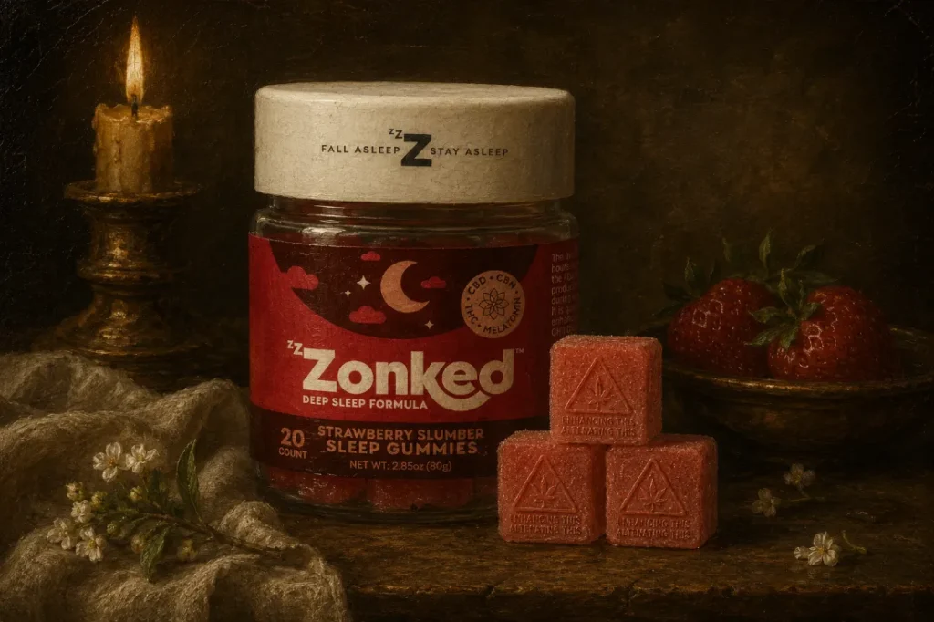 Zzzonked Strawberry Slumber Deep Sleep cannabis gummies 100mg THC — sleep formula available at Theo dispensary in Franklin Park NJ