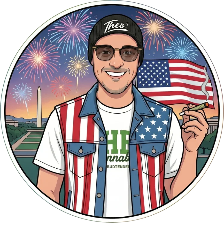 Illustrated portrait of Dima, Theo A Cannabis Co. budtender, in patriotic beanie holding flag and pre-roll near Washington Monument