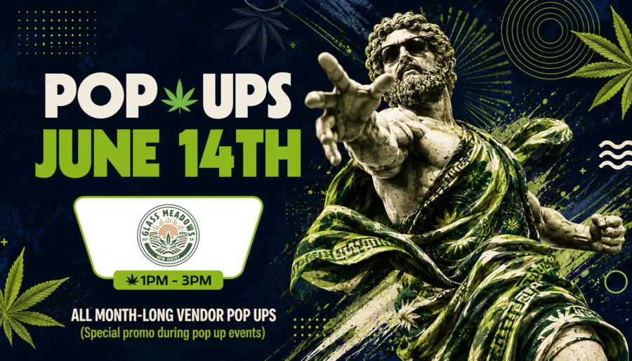Glass Meadows cannabis brand pop-up event at the dispensary on June 14th, 1–3PM, featuring Theophrastus and neon green accents on a dark navy background