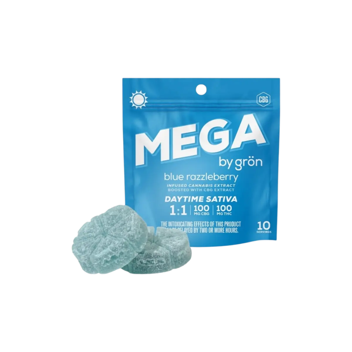 Theo Cannabis NJ has Mega by Grön Blue Razzleberry gummies, 1:1 CBG:THC daytime sativa