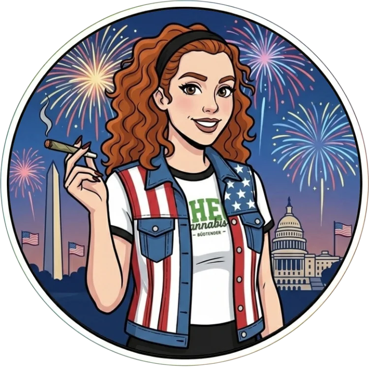 Illustrated portrait of Haley, Theo A Cannabis Co. budtender, with curly red hair holding a pre-roll, July 4th fireworks backdrop