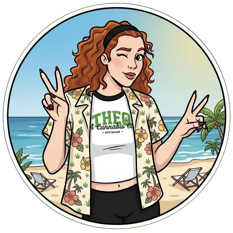 Theo A Cannabis Co budtender sticker illustration with peace sign beach scene