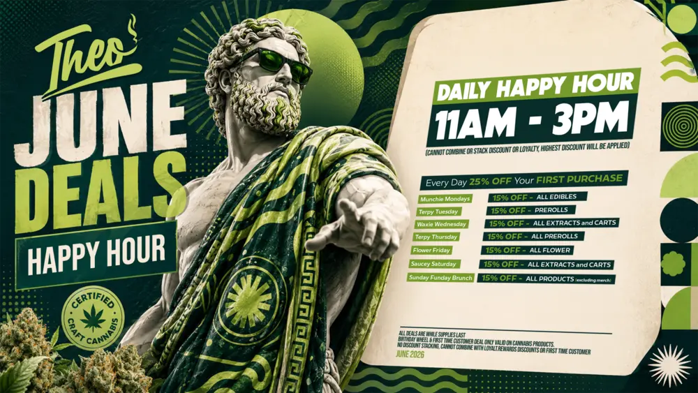 Vallejo Relief Center June 2026 daily happy hour 11AM–3PM — 25% off first purchase plus category deals every day including Munchie Mondays, Waxie Wednesday, and Sunday Funday