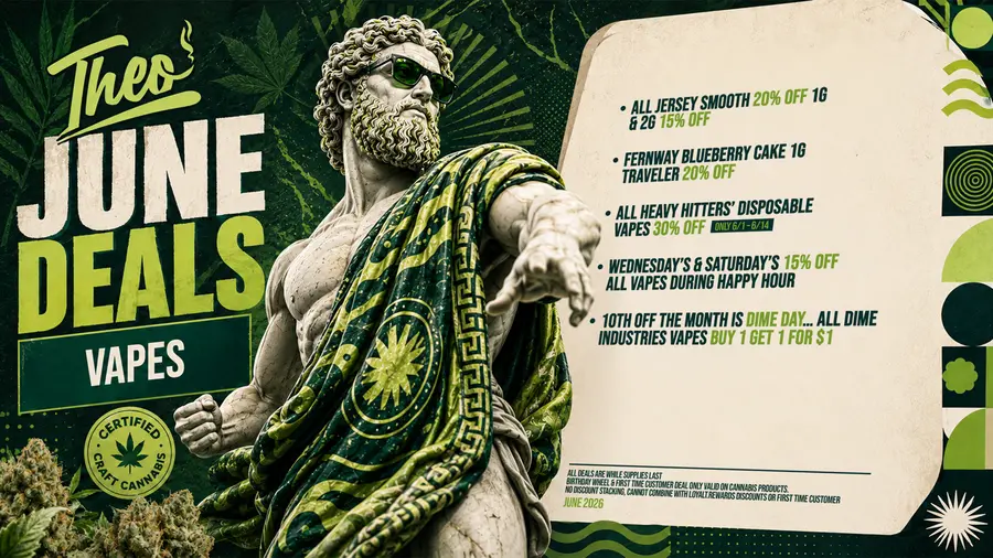 Theo June Deals at Vallejo Relief Center — vape deals on Jersey Smooth, Fernway Blueberry Cake, Heavy Hitters disposables, and Dime Industries in Vallejo CA