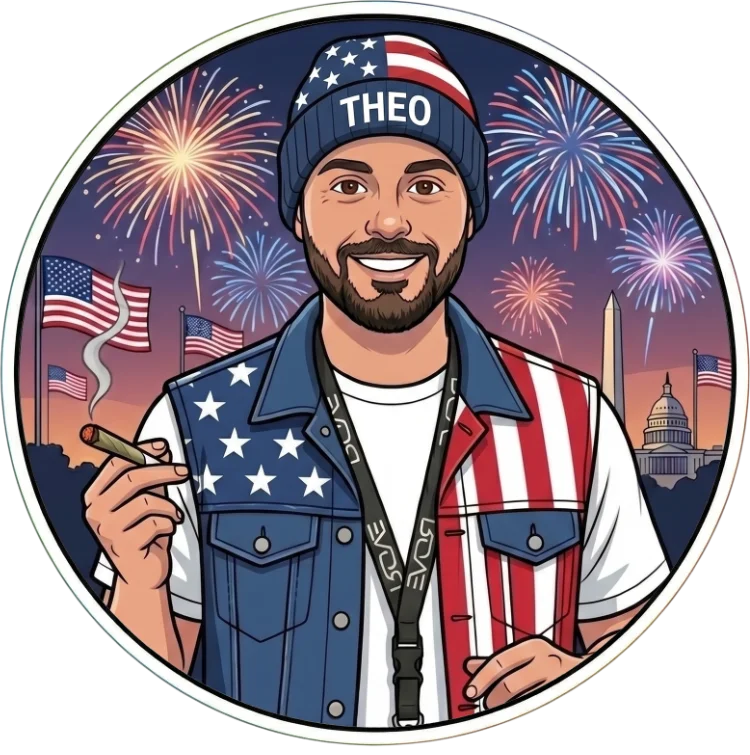 Illustrated portrait of Marlen, Theo A Cannabis Co. budtender, in stars-and-stripes beanie holding a pre-roll, Capitol skyline behind