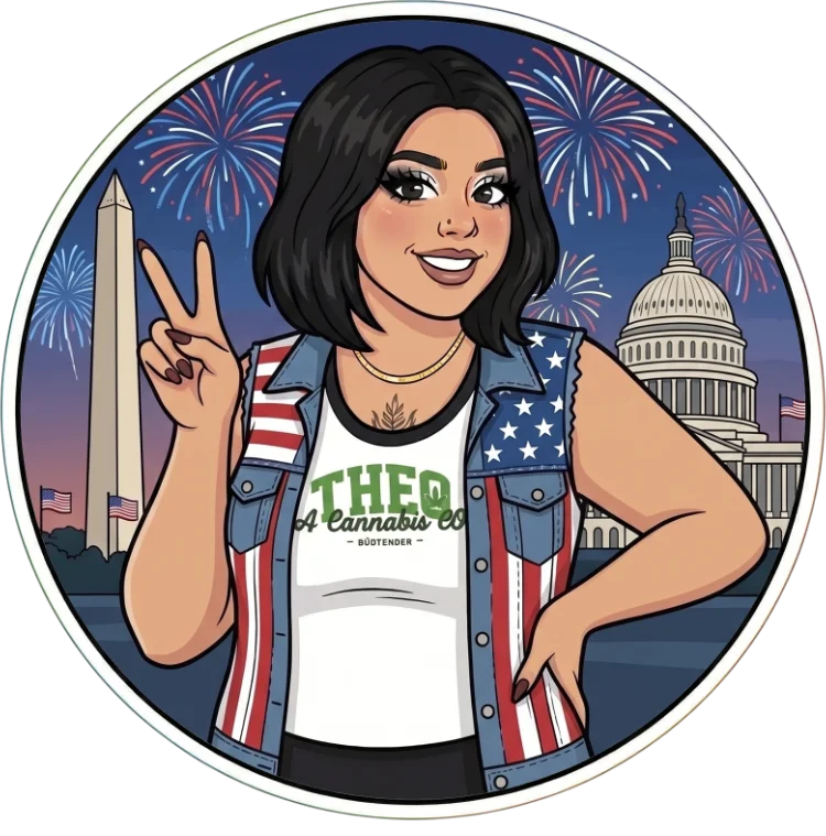 Illustrated portrait of May, Theo A Cannabis Co. budtender, giving peace sign in patriotic vest with Capitol and fireworks