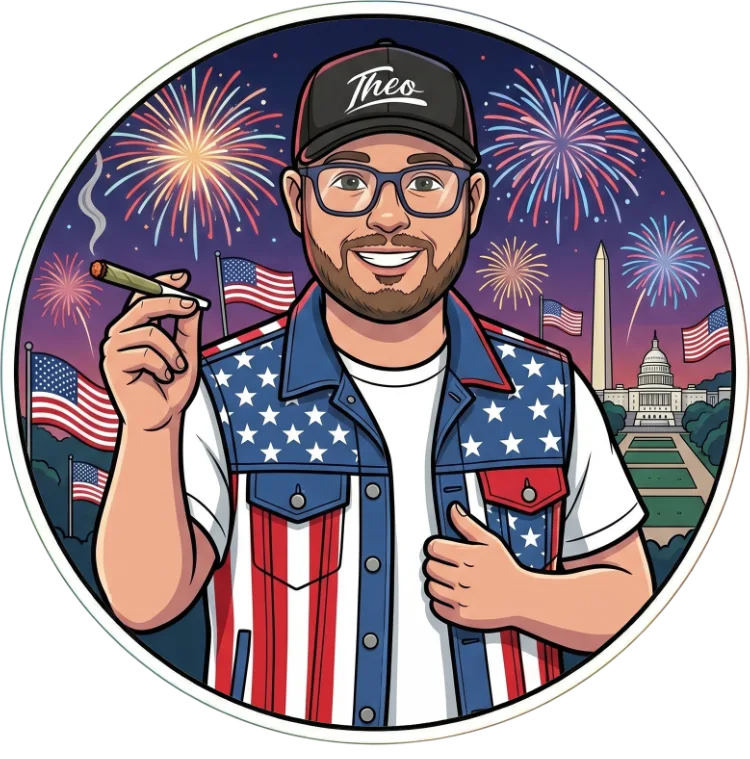 Illustrated portrait of Mekc, Theo A Cannabis Co. budtender, in Theo trucker hat giving thumbs up, July 4th fireworks over D.C.