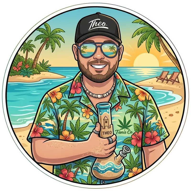 Theo dispensary budtender cartoon avatar holding bong on beach sticker design