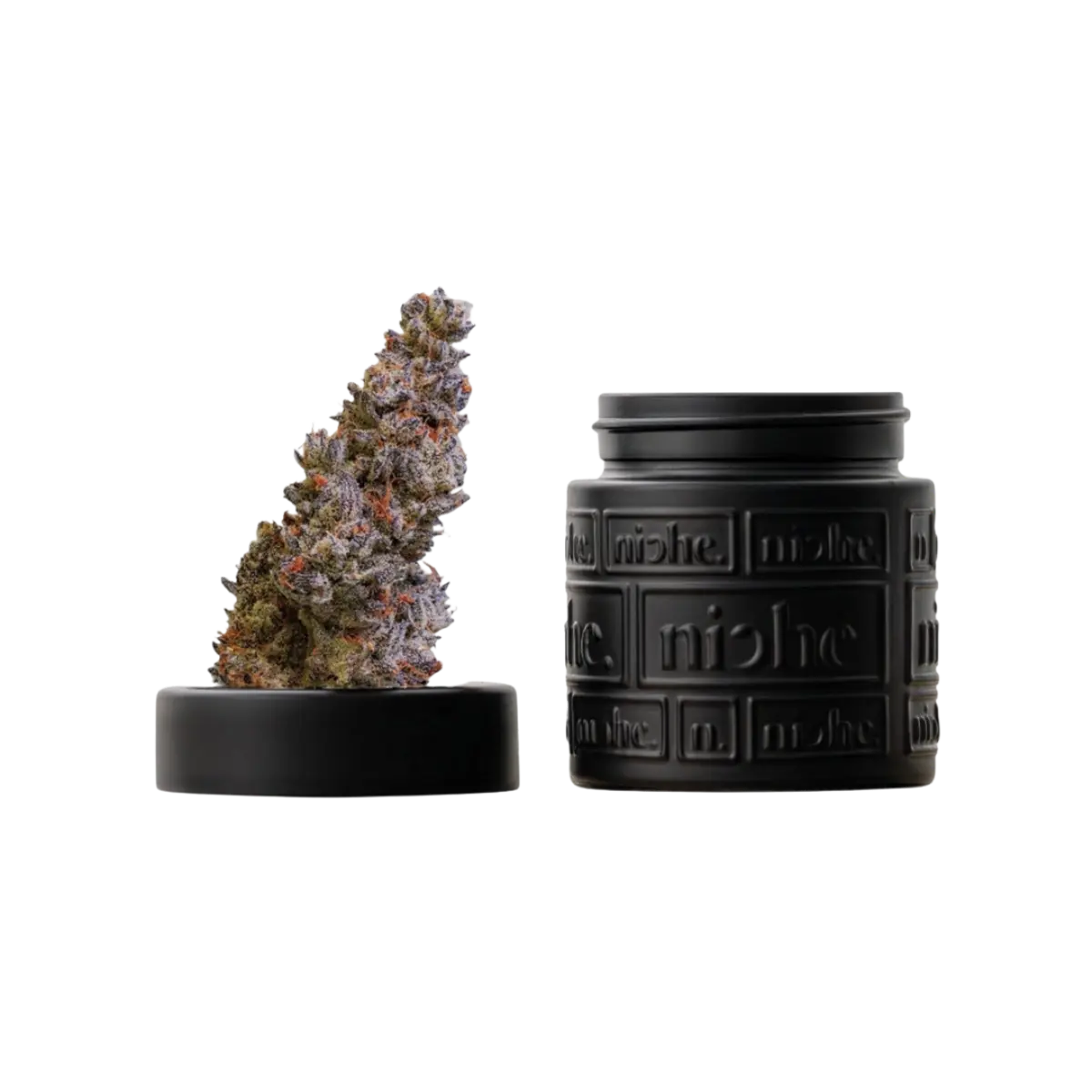 Niche Pink Ink cannabis flower bud beside matte black branded jar with Theo logo