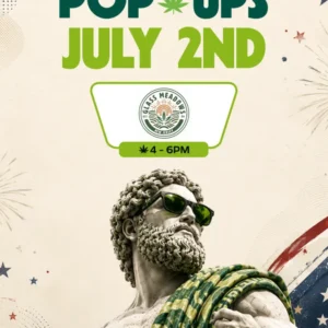 Glass Meadows pop-up event flyer for Theo Cannabis in Franklin Park NJ, July 2nd from 4 to 6 PM