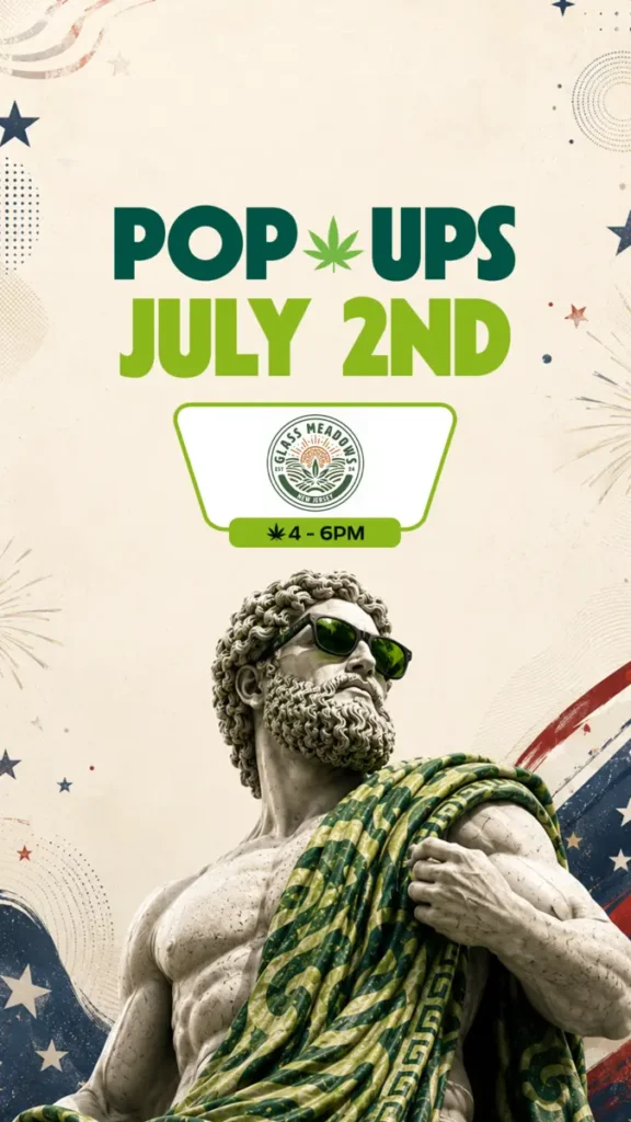 Glass Meadows pop-up event flyer for Theo Cannabis in Franklin Park NJ, July 2nd from 4 to 6 PM