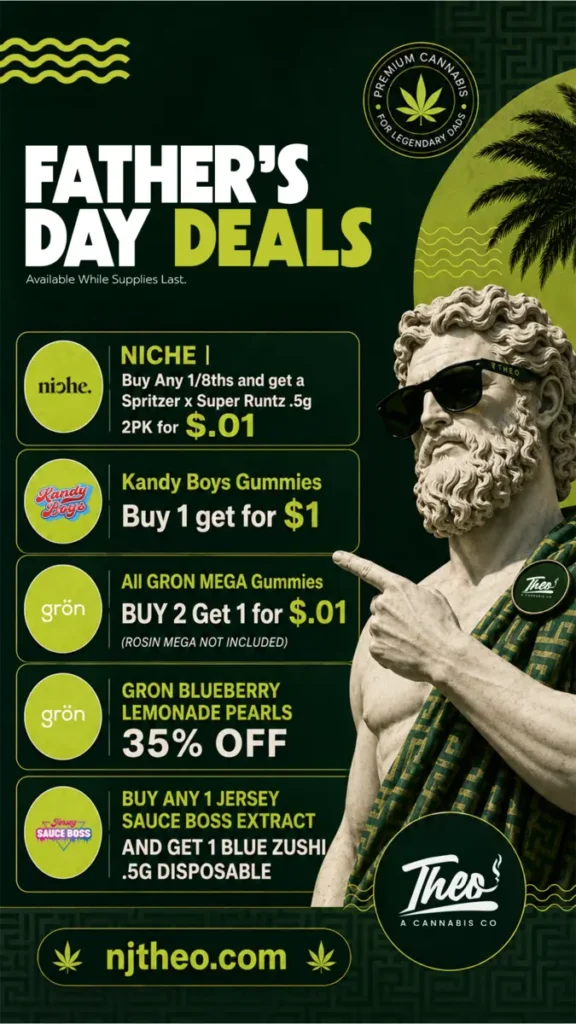 Theo Cannabis NJ Father's Day weed deals - Niche flower, Kandy Boys gummies, Grön edibles, Jersey Sauce Boss extracts on sale. Shop njtheo.com.