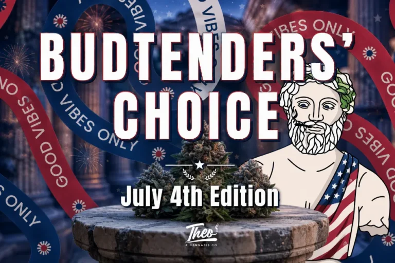 Theo Cannabis Budtenders' Choice July 4th Edition hero image with cannabis flower, Roman statue illustration, and patriotic ribbons