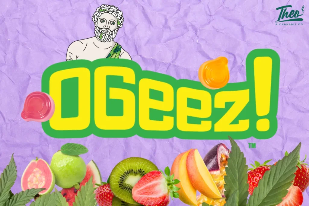 OGeez cannabis gummies hero graphic featuring fruit, cannabis leaves, Theo branding, and the Theo mascot for OGeez cannabis in Franklin Park