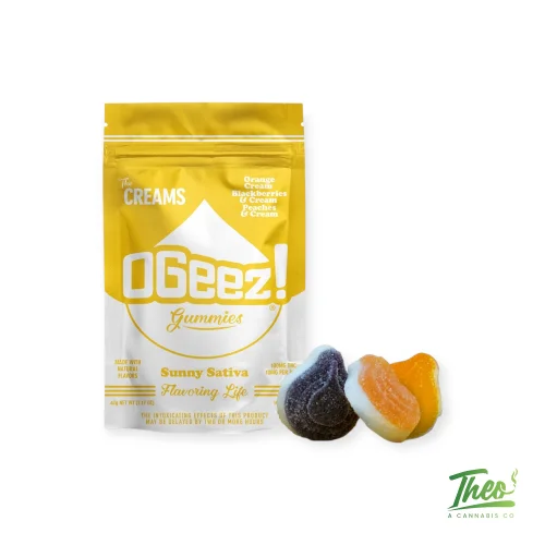 OGeez Sleep Edition Aquaberry cannabis gummies with blue gummy pieces and Theo Cannabis branding on a white background