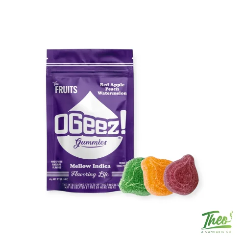 OGeez The Fruits cannabis gummies in Red Apple Peach Watermelon flavor with colorful gummy pieces, available at Theo Cannabis