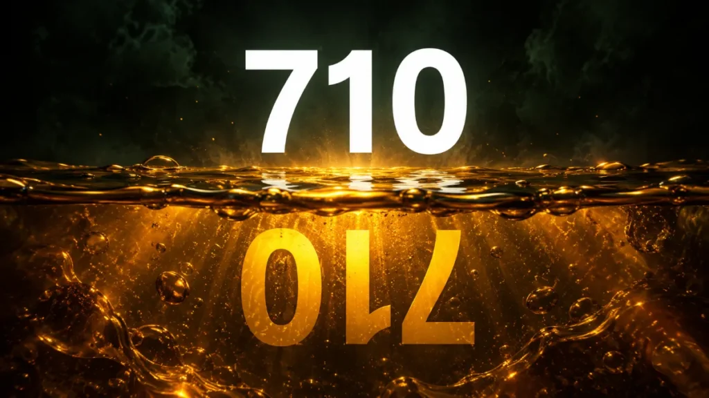 What is Dab Day 7/10 graphic showing 710 above a glowing cannabis oil surface and upside-down beneath it — revealing that 710 flipped spells OIL
