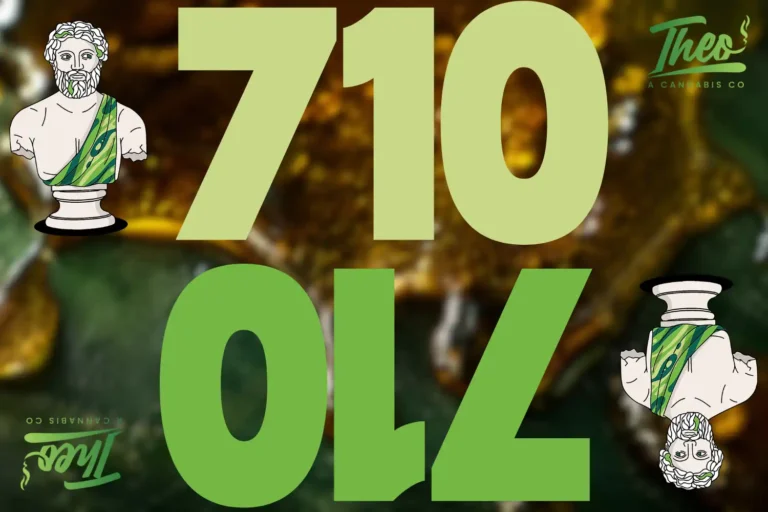 Theo Cannabis 7/10 Dab Day graphic — 710 flipped upside-down reveals OIL over a warm amber cannabis concentrate oil background