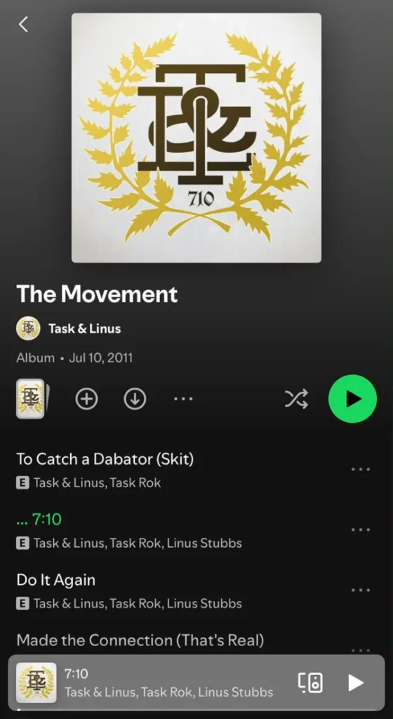 Spotify album page for The Movement by Task & Linus, released July 10 2011 — the album credited with popularizing 7/10 Dab Day, featuring the track 7:10
