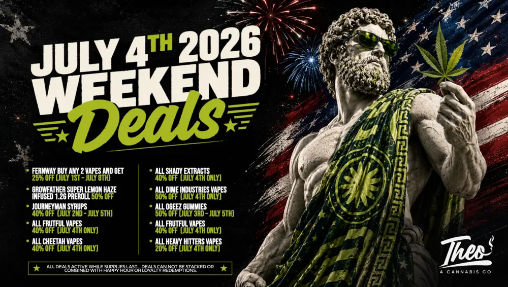 July 4th 2026 weekend deals at Theo Cannabis in Franklin Park NJ featuring discounts on Fernway, OGeez, and Frutful vapes