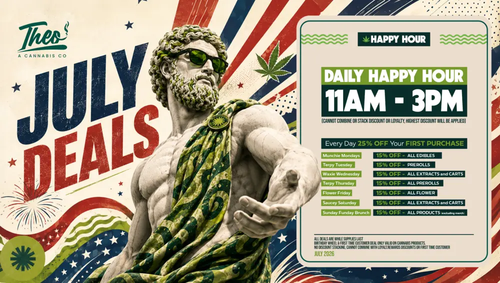 Theo Cannabis dispensary happy hour, daily 11AM-3PM, with rotating daily deals on edibles, prerolls, extracts and flower