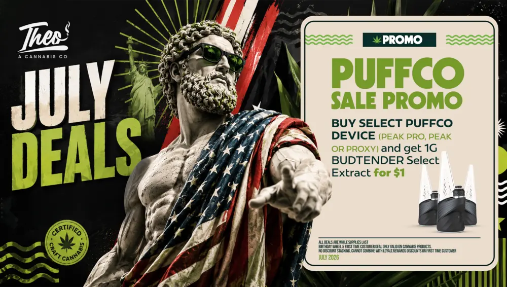Puffco device promo at Theo Cannabis: buy a Peak Pro, Peak, or Proxy and get 1g budtender select extract for $1