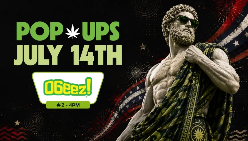 OGeez! pop-up banner for Theo Cannabis in Franklin Park NJ, happening July 14th between 2 and 4 PM