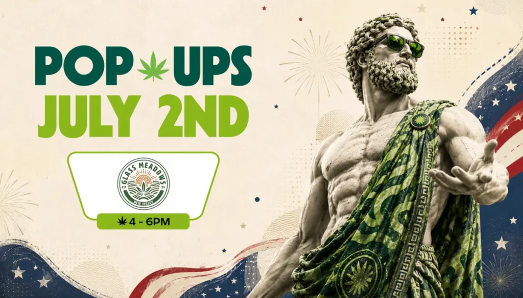 Banner for the Glass Meadows pop-up happening July 2nd, 4 to 6 PM, at Theo Cannabis in Franklin Park NJ
