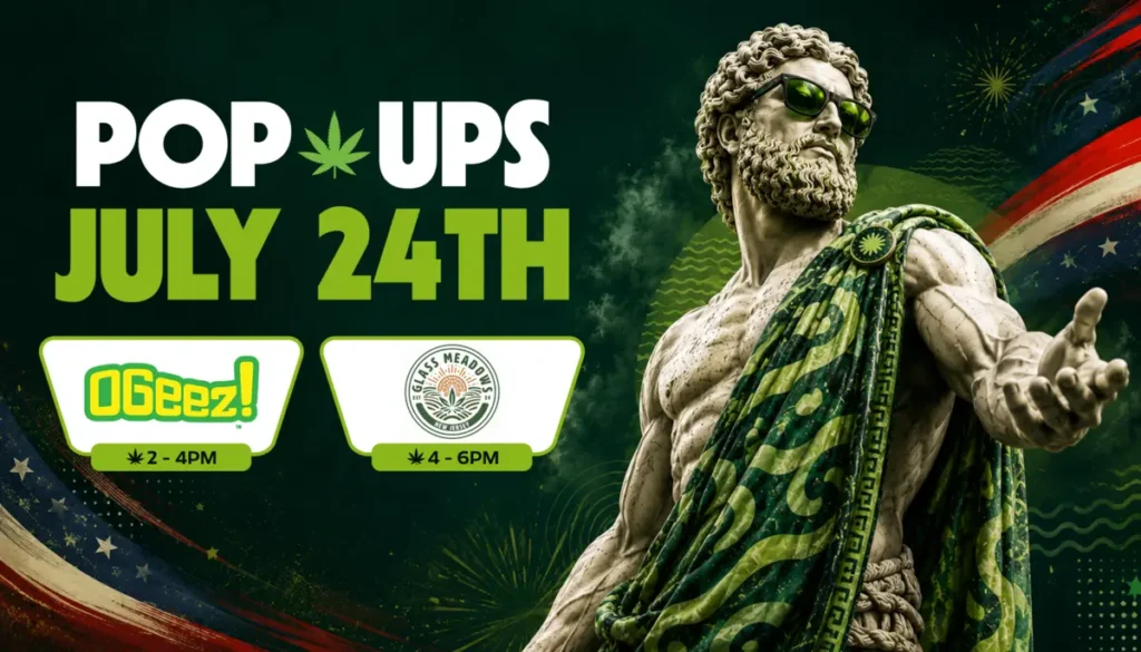 July 24th pop-up banner featuring OGeez! from 2 to 4 PM and Glass Meadows from 4 to 6 PM at Theo Cannabis Franklin Park NJ