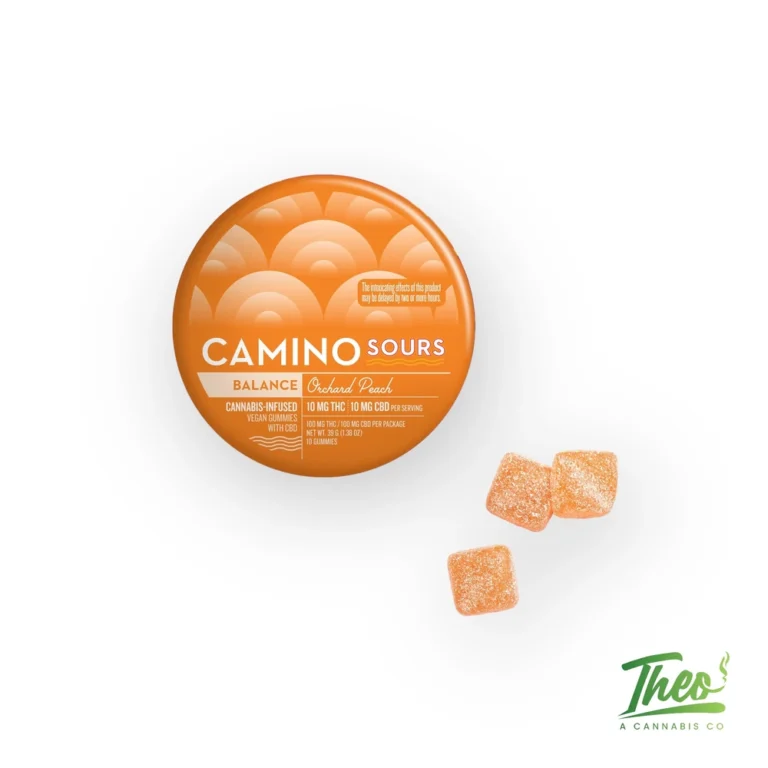 Camino Sours Orchard Peach 1:1 THC CBD balance gummies tin with three sugar-coated squares, Theo Cannabis NJ.