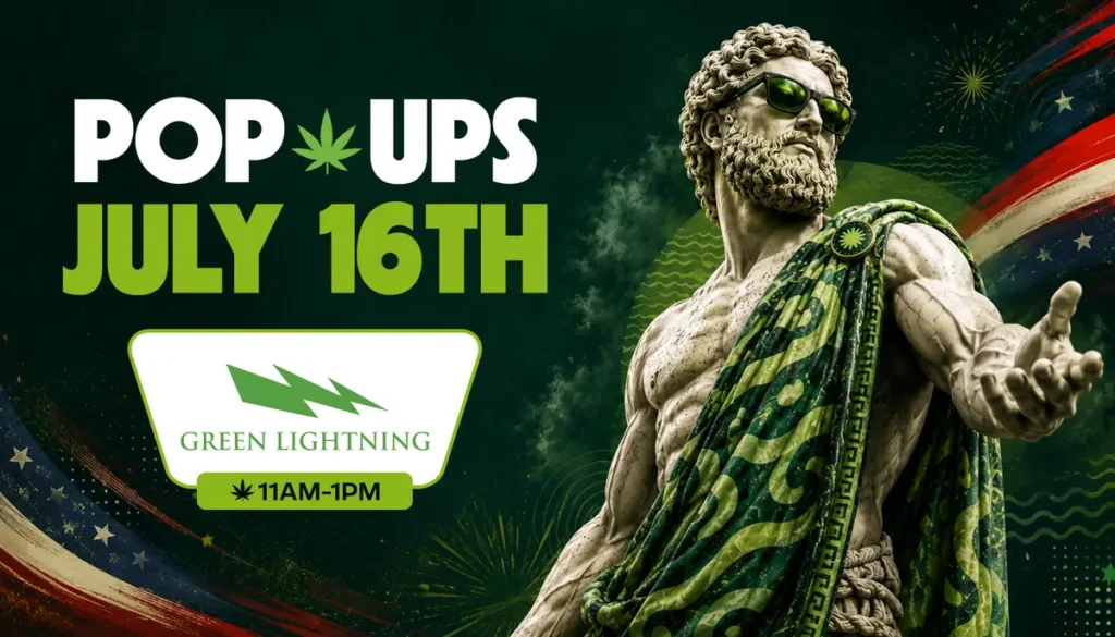 Green Lightning pop-up event banner for July 16th at Theo Cannabis featuring a Greek statue in sunglasses and a cannabis-print toga, 11AM to 1PM