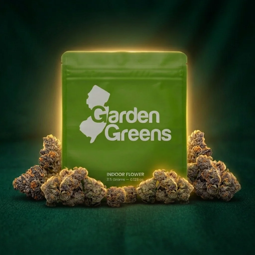 Garden Greens 24K 3.5g indoor flower bag with purple and orange cannabis buds