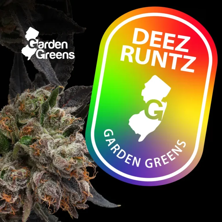 Garden Greens DEEZ RUNTZ strain badge with purple cannabis bud at Theo dispensary