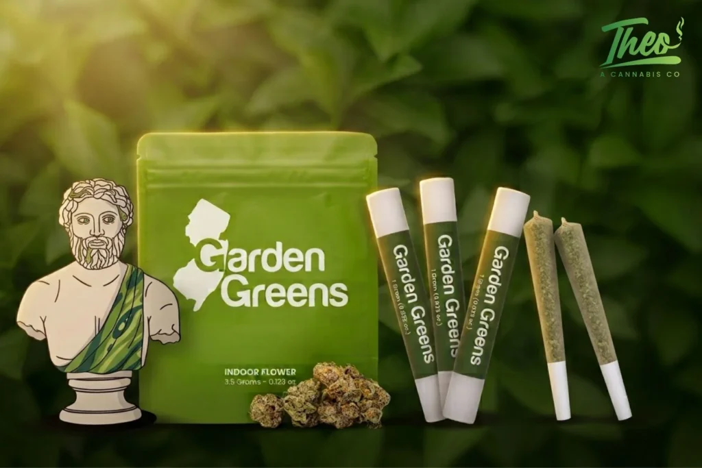 Garden Greens indoor flower bag, pre-roll tubes, and pre-rolls with cannabis buds at Theo dispensary in Franklin Park NJ