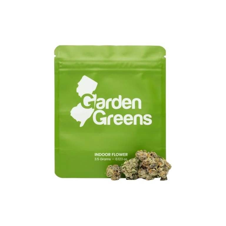 Garden Greens Super Villain 3.5 gram bag in signature green with the New Jersey state logo, with frosty purple buds beside it.