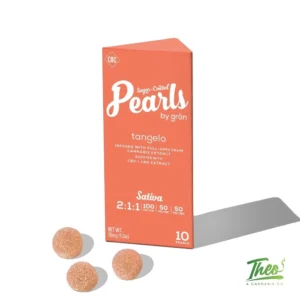Grön Sugar-Coated Pearls Tangelo 2:1:1 sativa gummies box with three pearls at Theo Cannabis